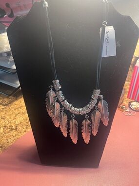 Silver Feather Charm Necklace - Black Cord